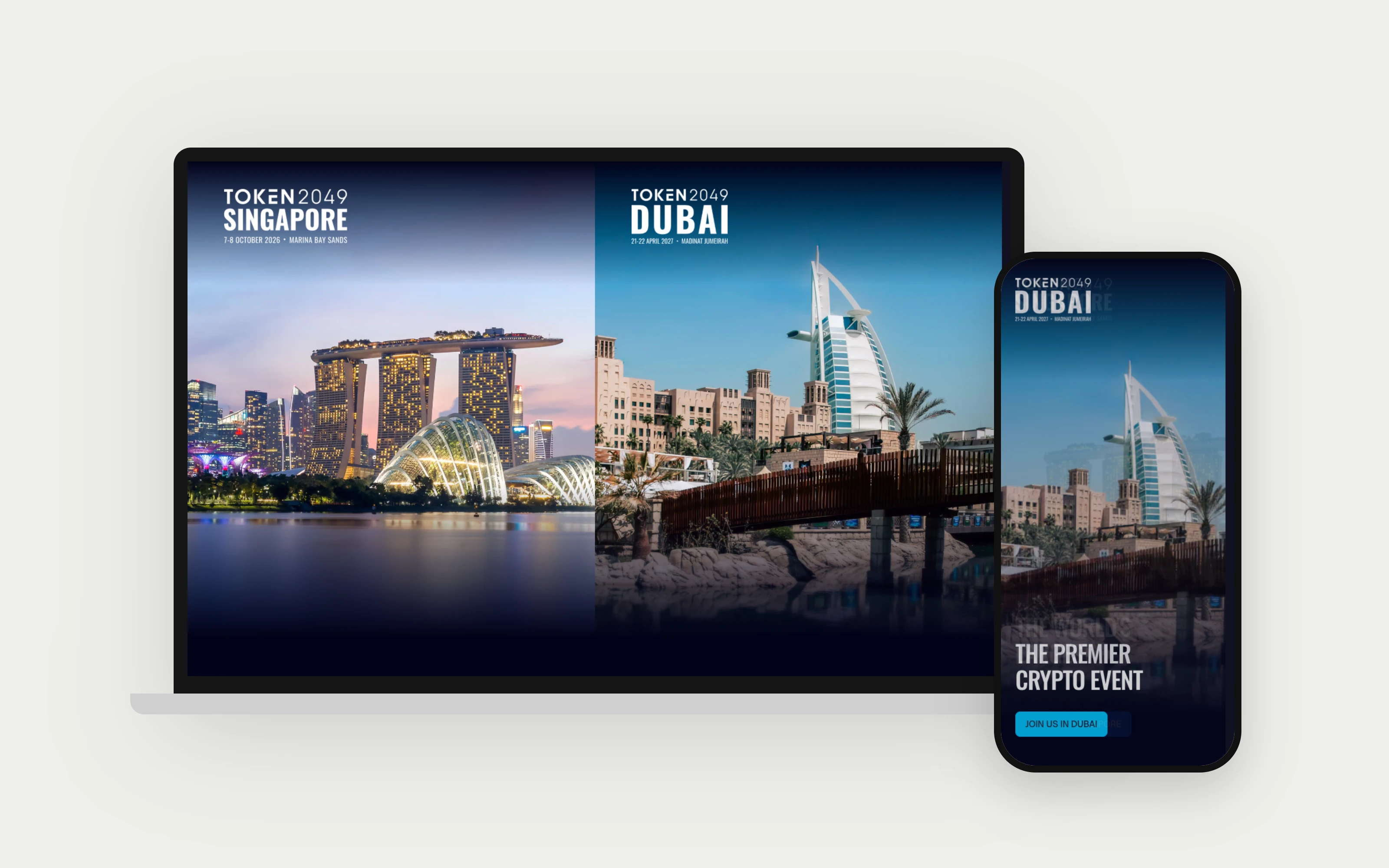 The TOKEN2049 website on a laptop and phone.