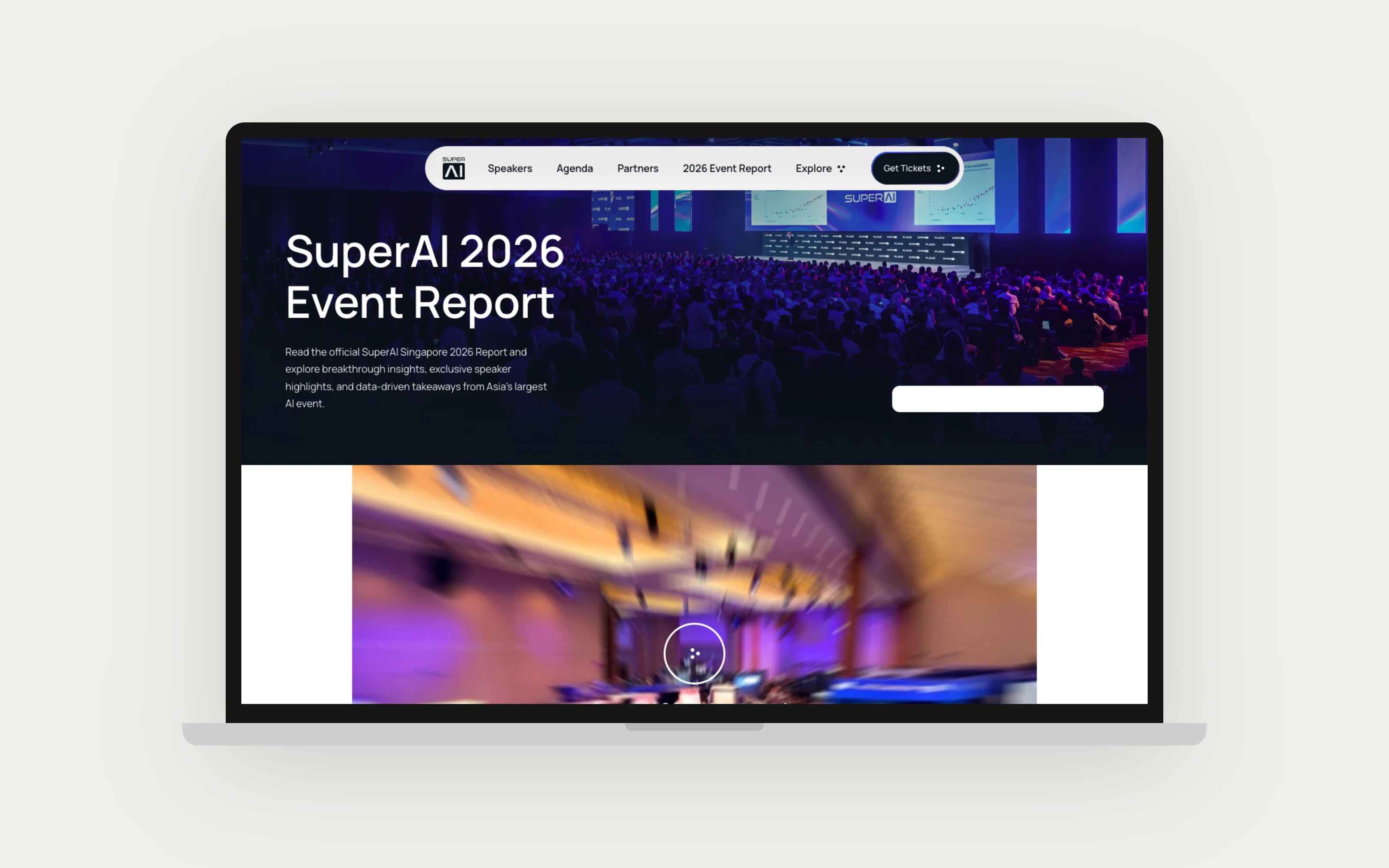 The 2026 event report page, shown on a laptop mockup.