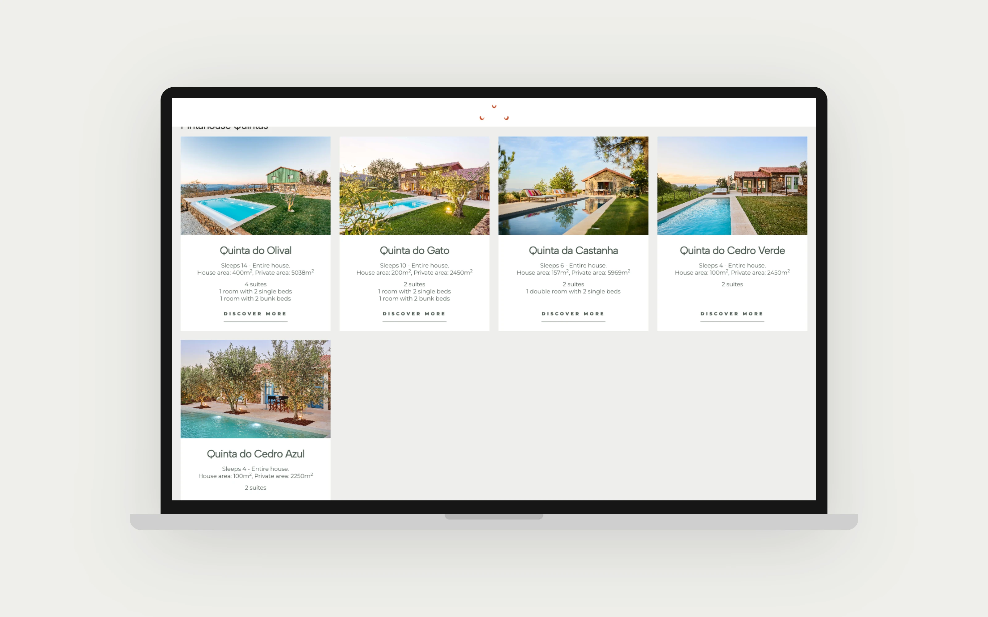 The Quintas page, shown on a laptop mockup.