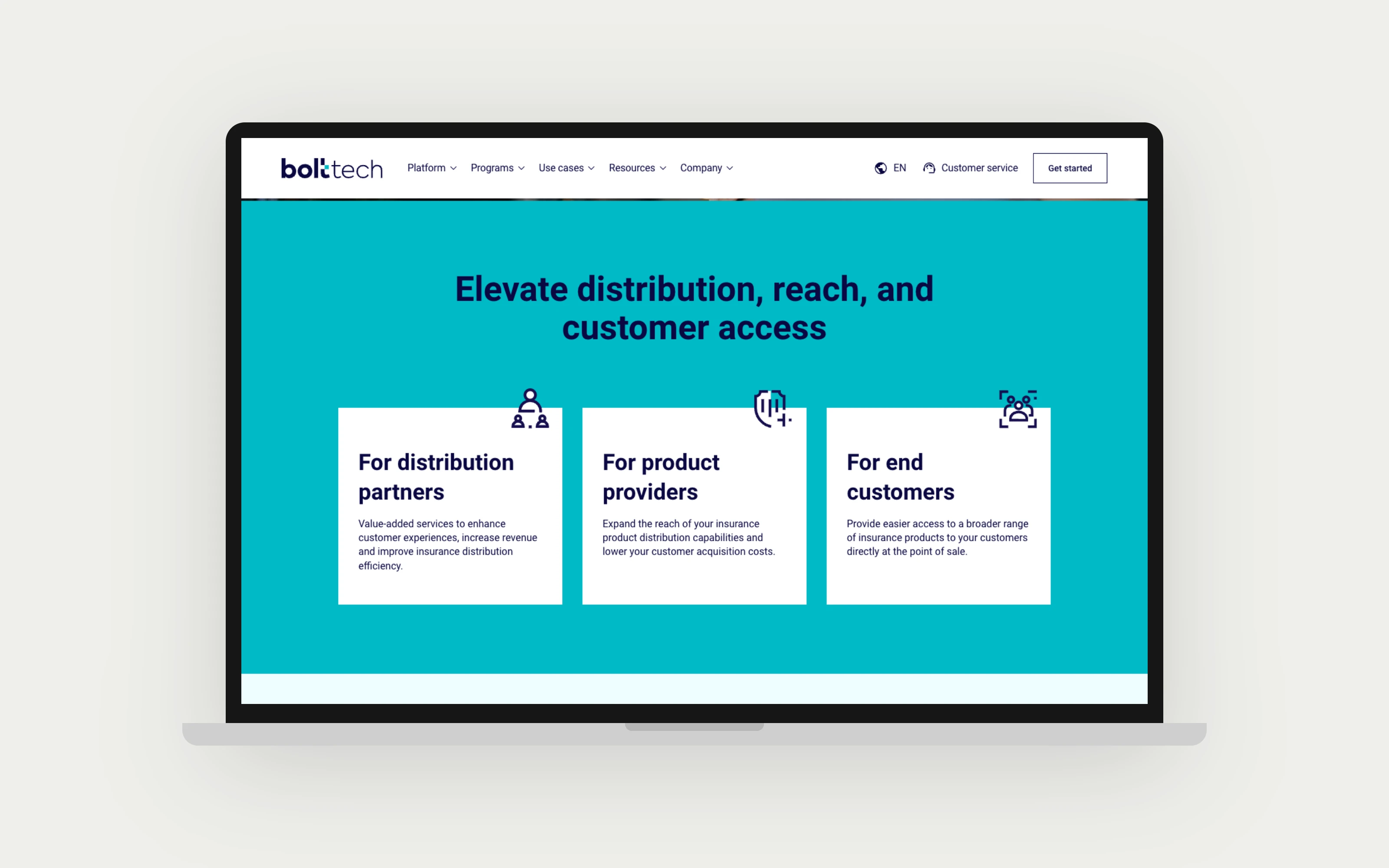 bolttech.io, distribution engine page, shown on a laptop mockup.