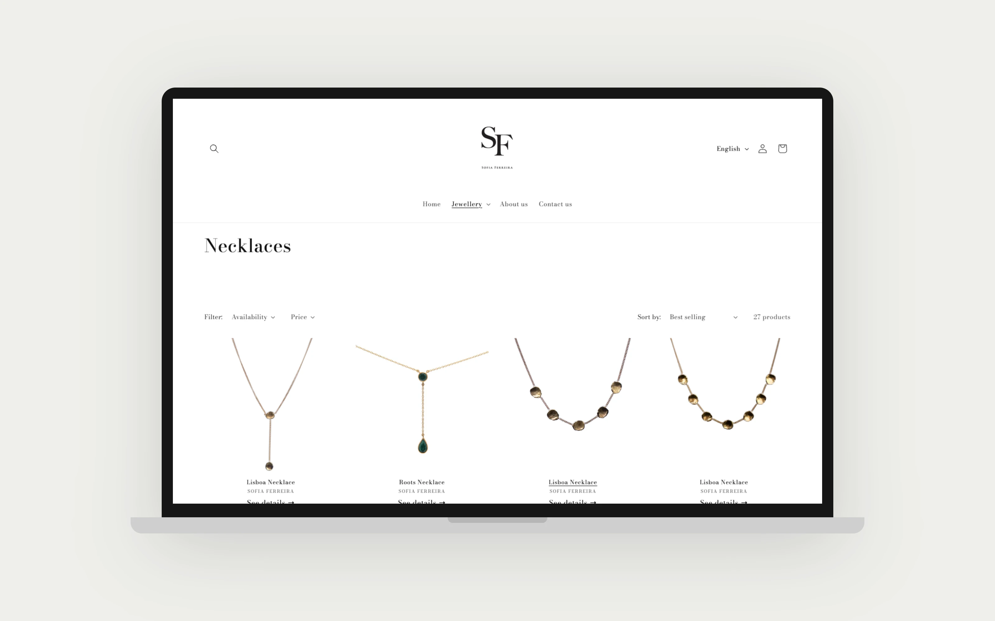 The Necklaces collection, shown on a laptop mockup.