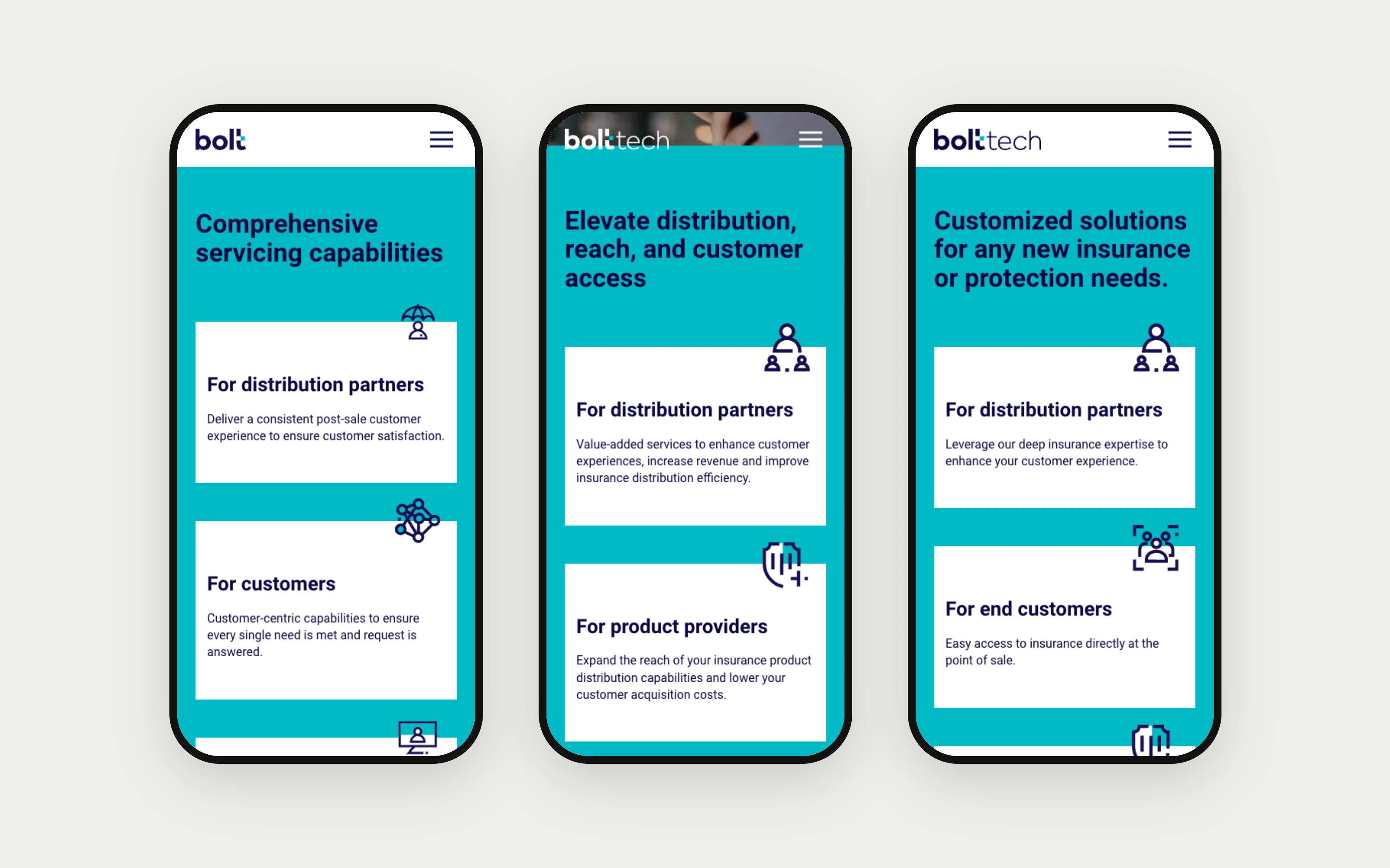 Homepage and product pages, shown on phone mockups.