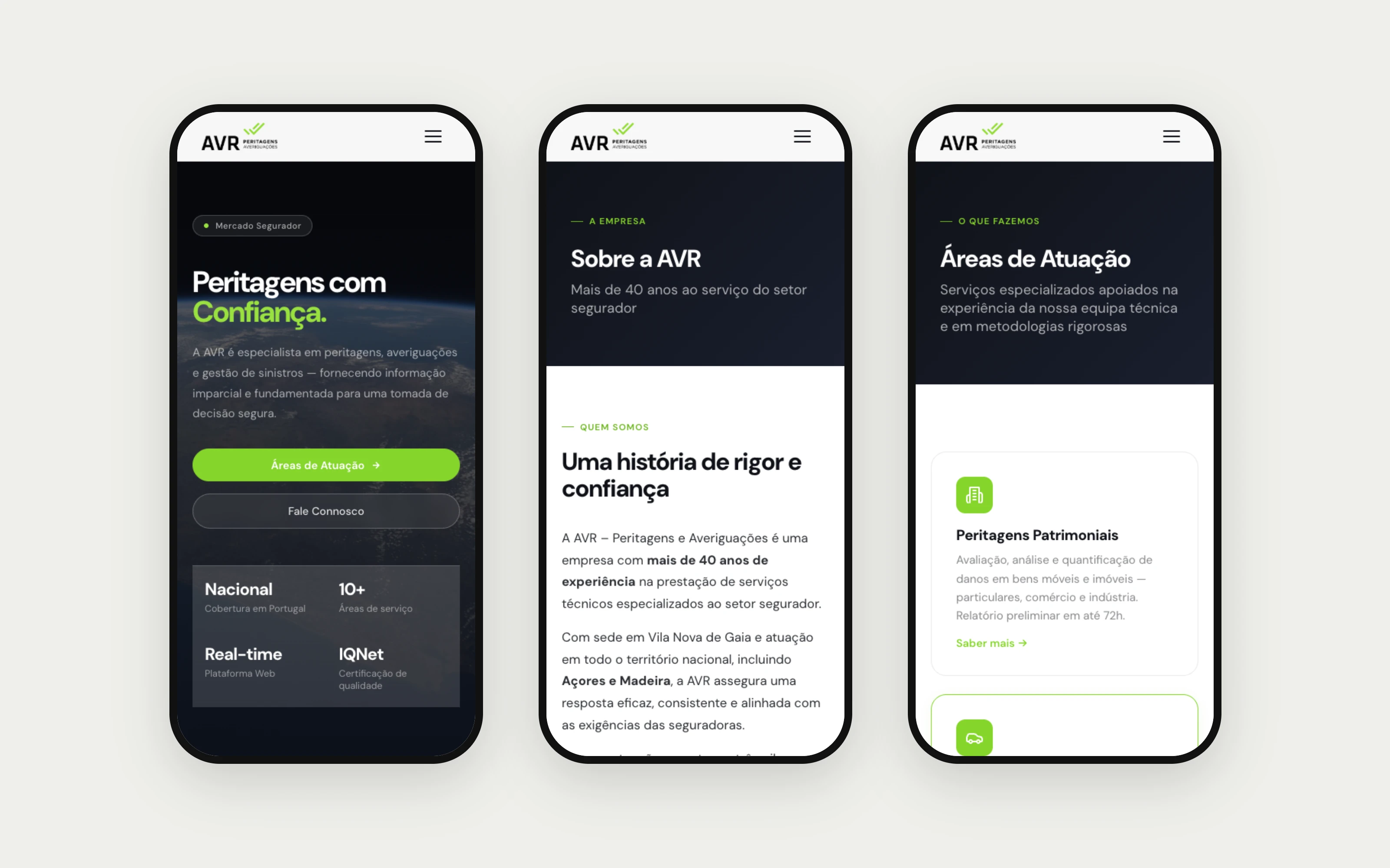Homepage, About and Areas of practice, shown on phone mockups.