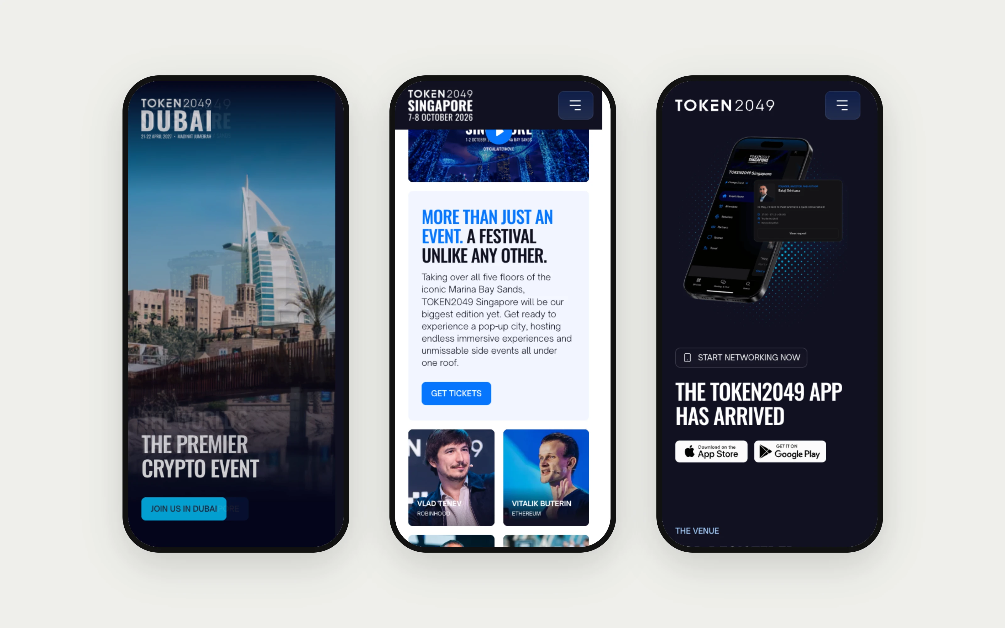 Dubai, Singapore and the app, shown on phone mockups.