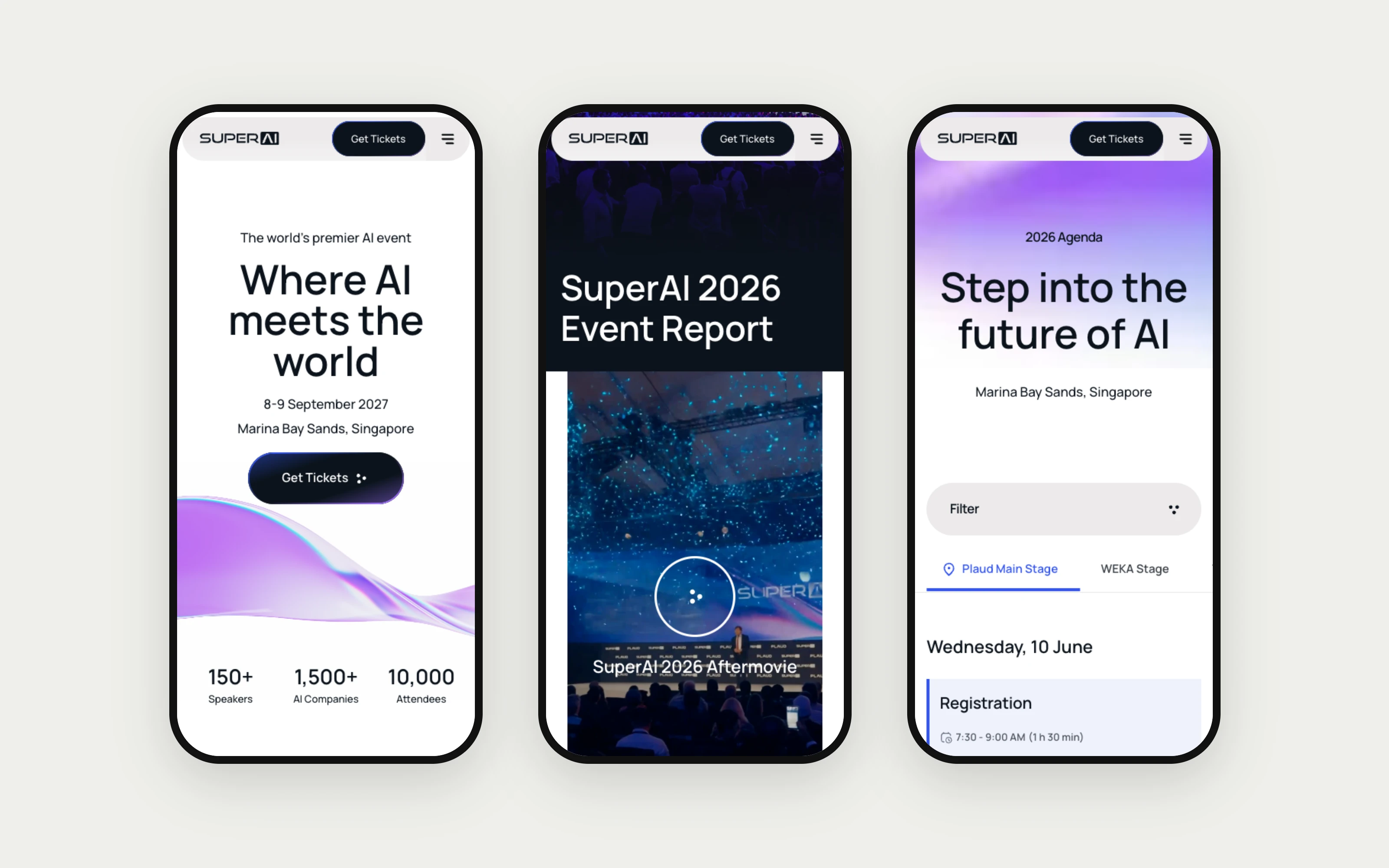 Homepage, the 2026 event report and agenda, shown on phone mockups.