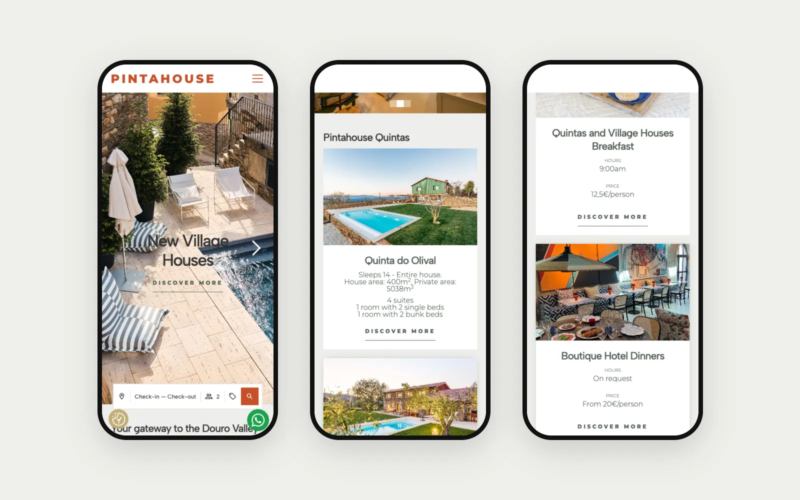 Homepage, Quintas and Services, shown on phone mockups.