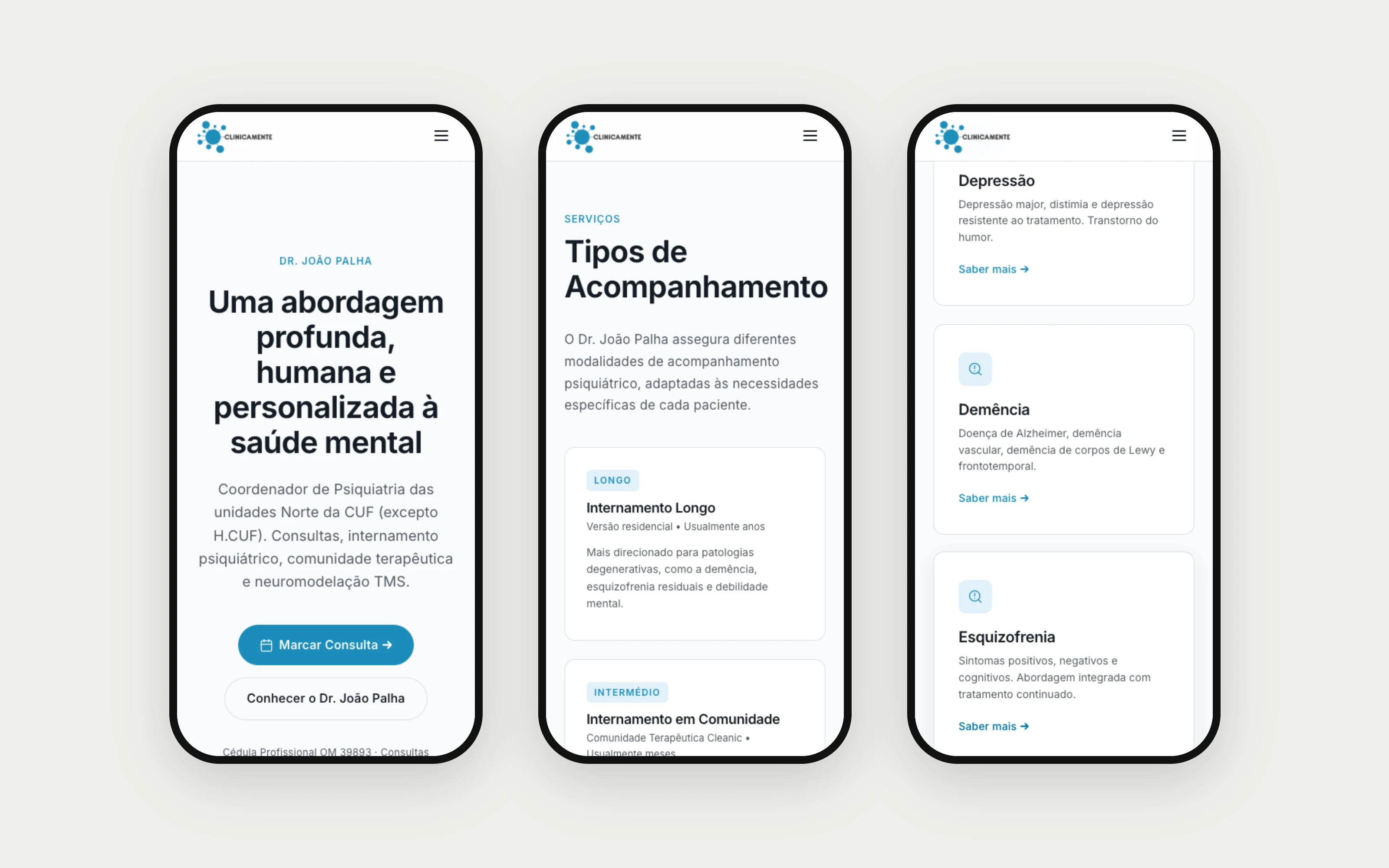 Homepage, services and pathologies, shown on phone mockups.