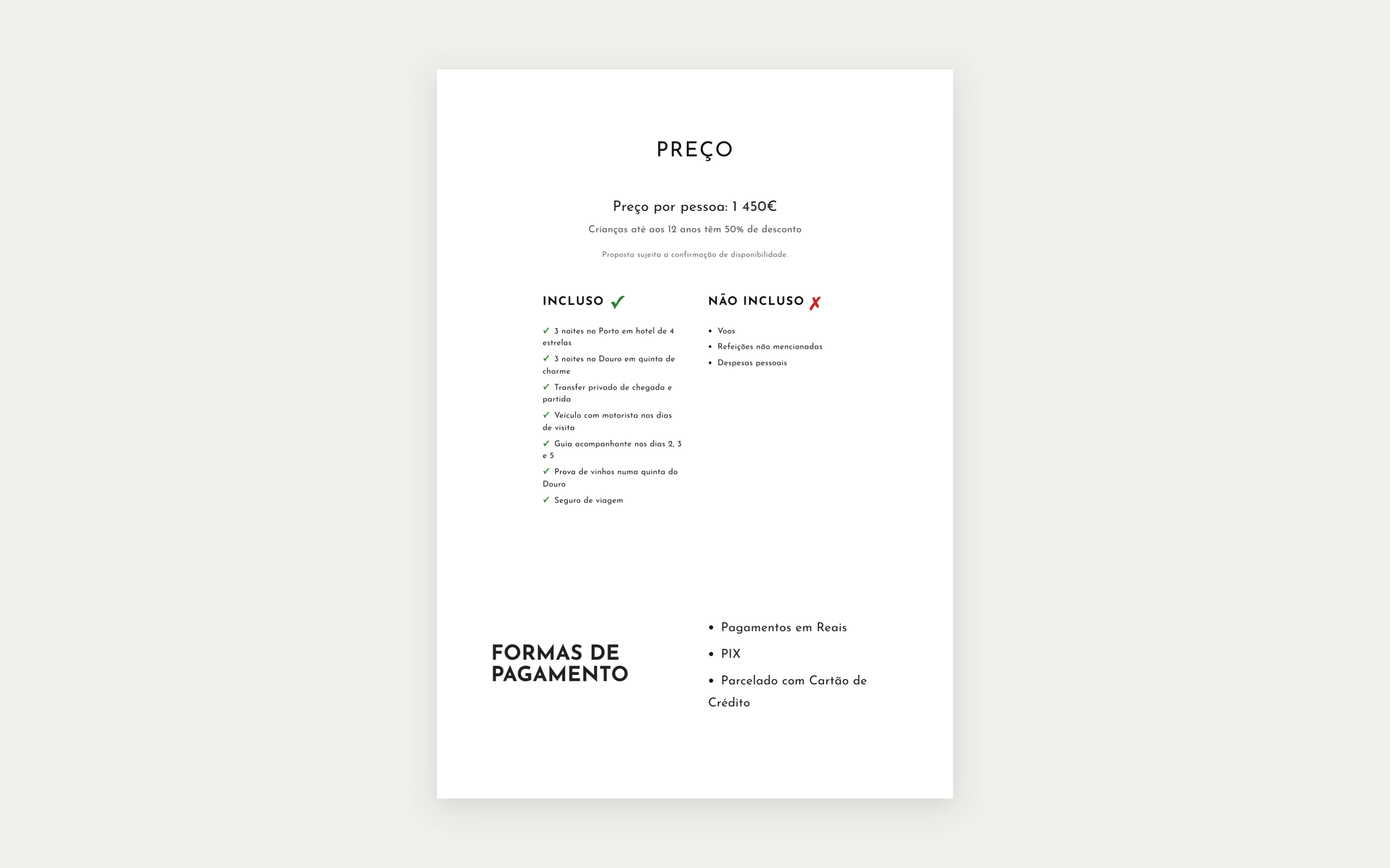 Pricing page: what is included, what is not, and the total.