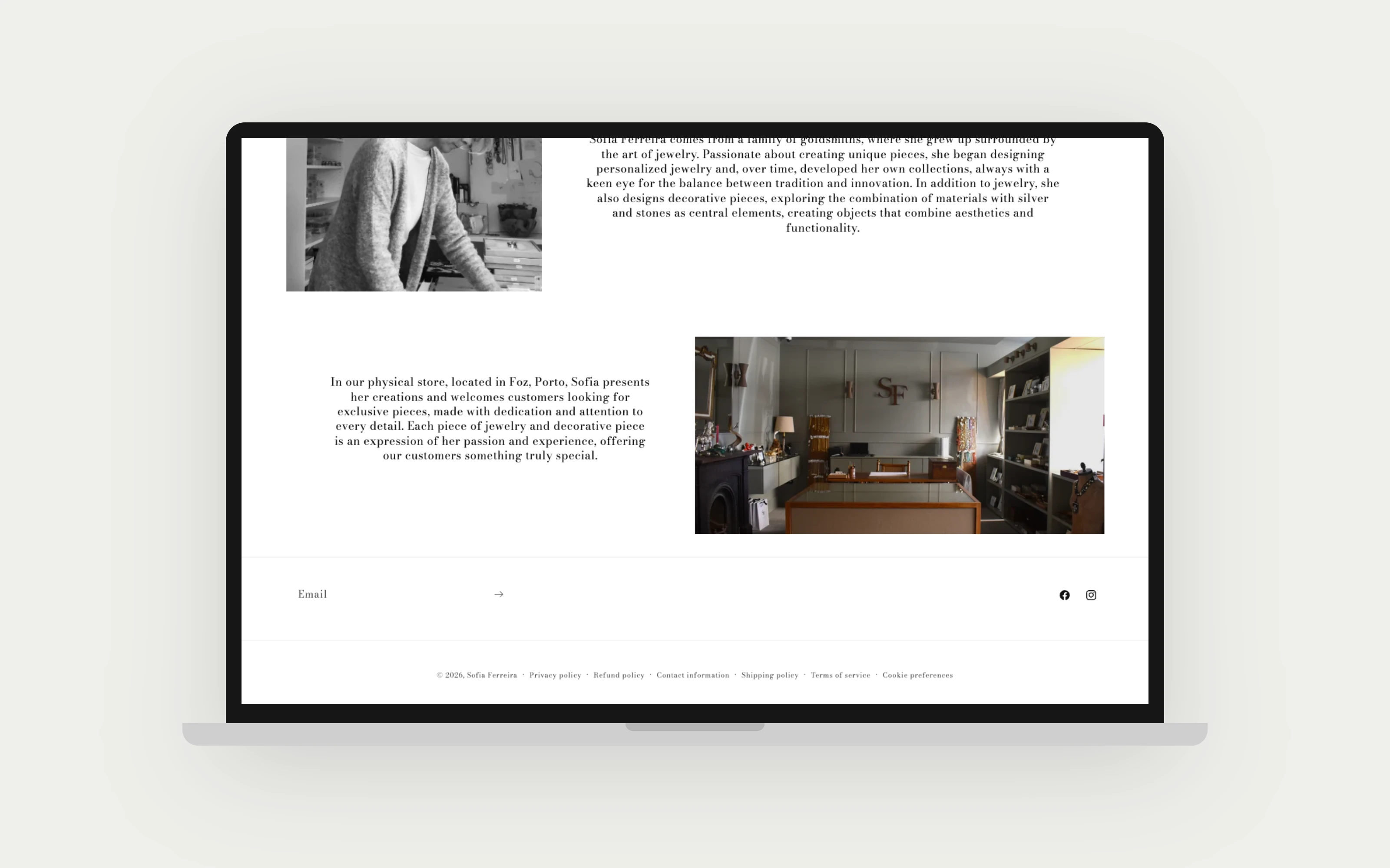 The about page, shown on a laptop mockup.