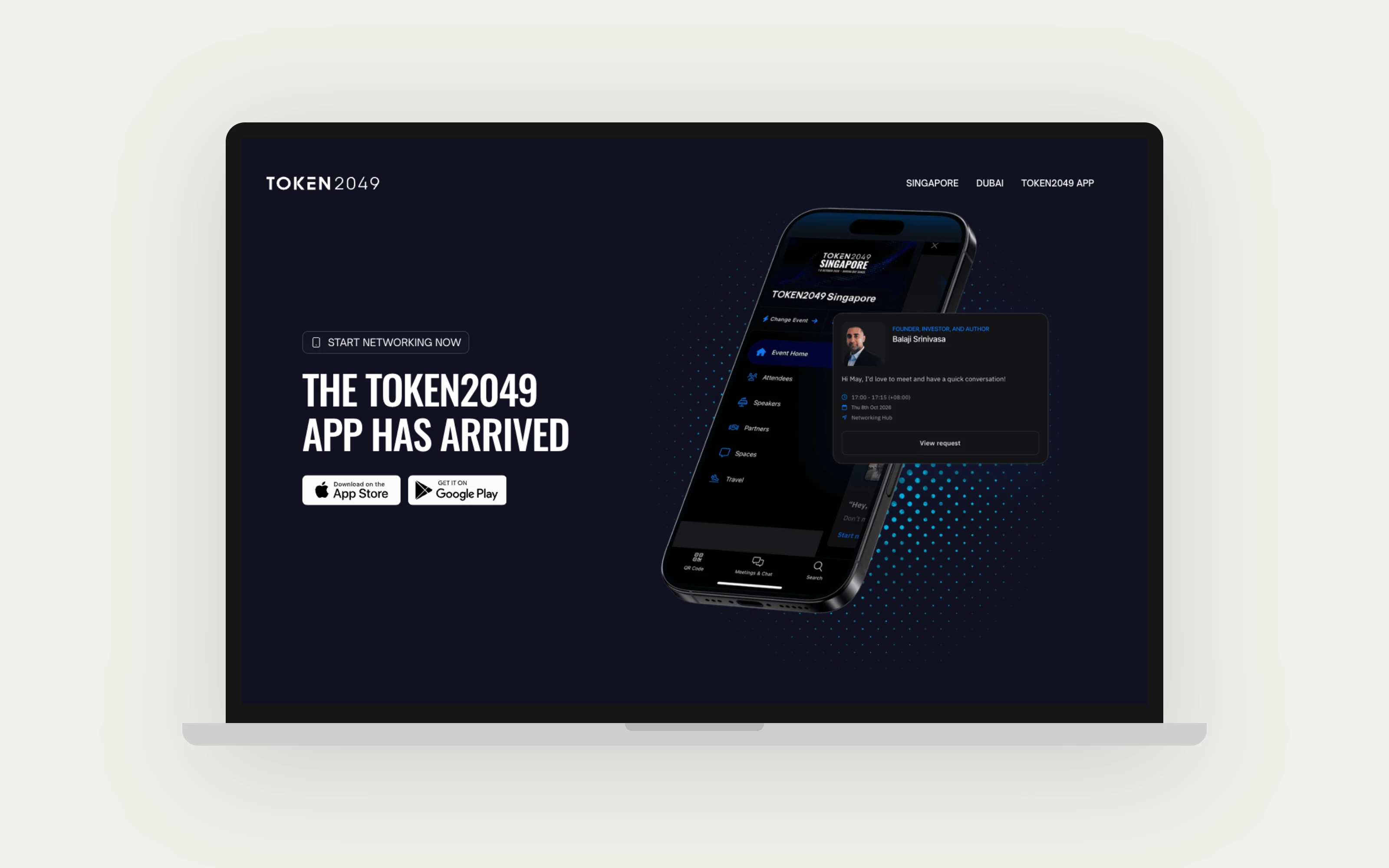 The TOKEN2049 app page, shown on a laptop mockup.