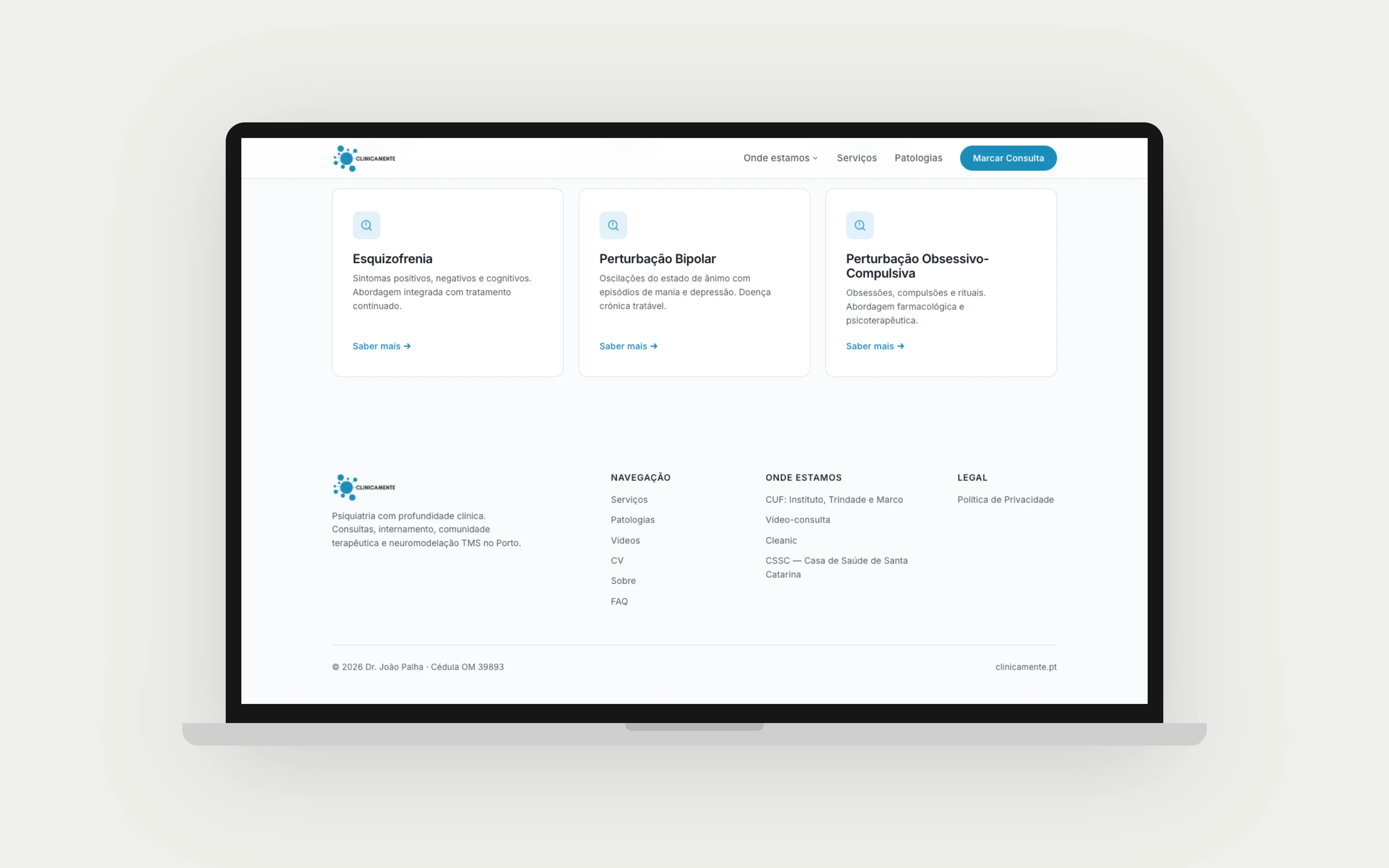 Pathologies page, shown on a laptop mockup.
