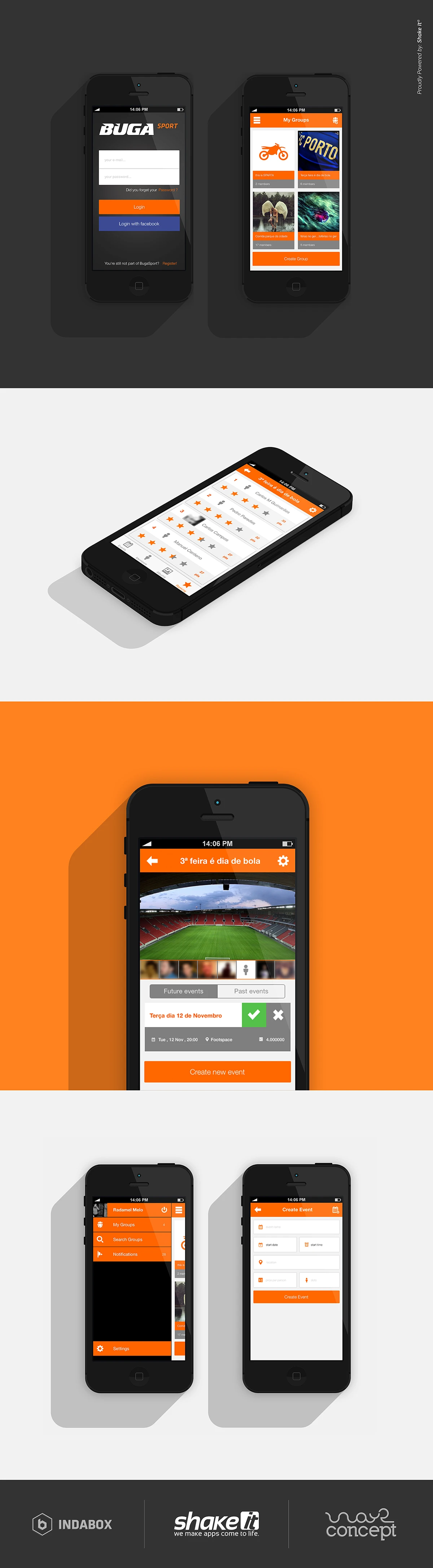 The app, screen by screen: login, groups, ranking, group events, profile and create event.